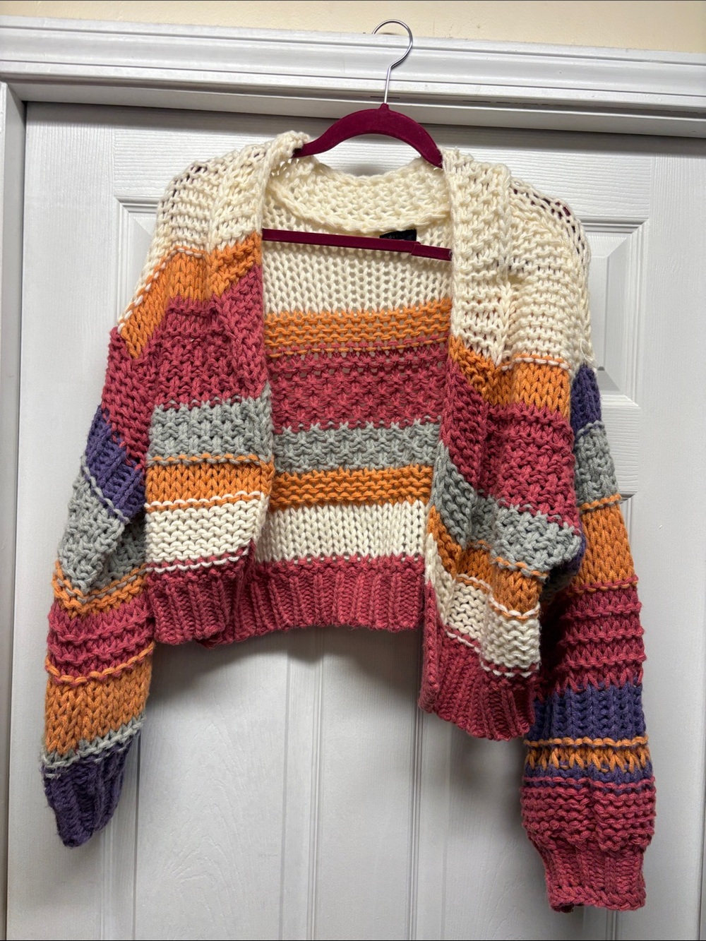 Debut Chunky Cropped Striped Cardigan Sweater - Cream, Pink & Multicolor S/M